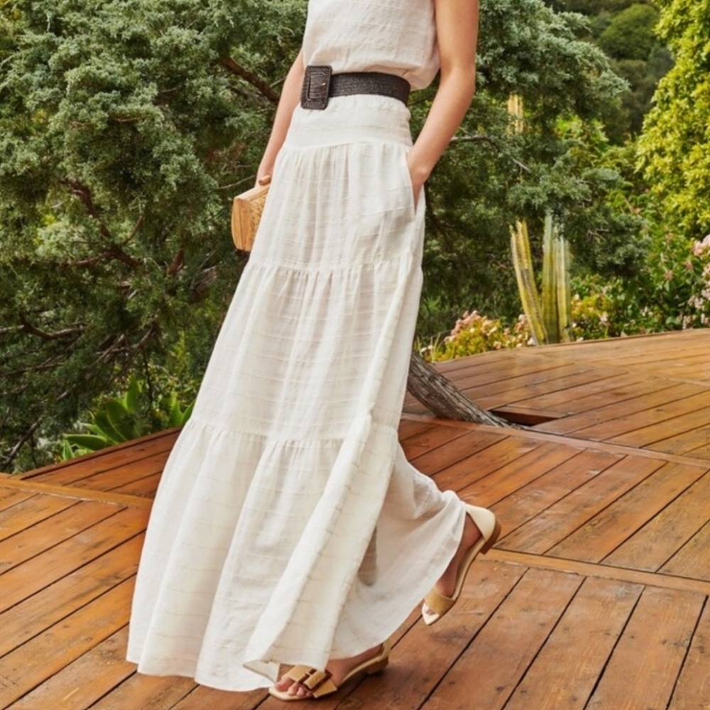 NWT J. McLaughlin Ophelia White Linen Blend Tiered Maxi Skirt Resort Wear Large
